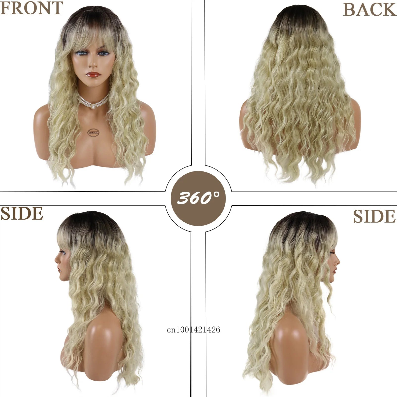 Long Curly Wigs with Bangs Synthetic Hair Natural Wigs for White Women Golden Blonde Wig Dark Roots Ombre Color Hair Healthy Wig