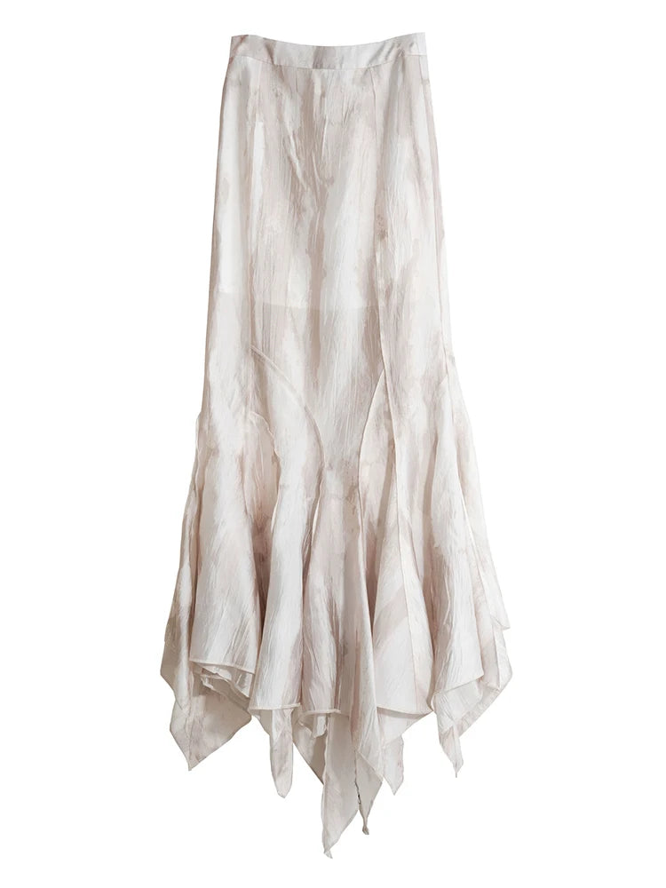 High Waist Apricot Printed Long Irregular Elegant Half-body Skirt Women Fashion Tide New Spring Autumn 2025 1DJ0013