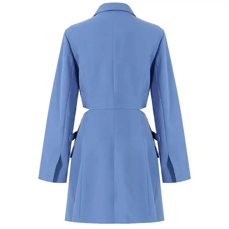 Women Blue Cross Buckle Hollow Out Blazer Dress New Lapel Long Sleeve Loose Fit Fashion Tide Spring Autumn 2025 1DE3323