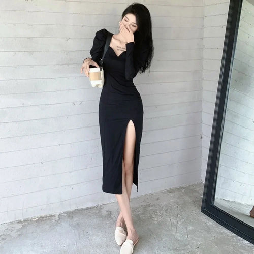 Load image into Gallery viewer, Vintage Balck Dress Women Casual Elegant Slim Wrap Split Party Dresses Puff Sleeve Square Collar  Fashion Korean
