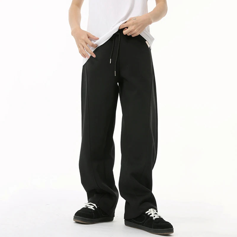 Trend Men's Casual Pants Loose Drawstring Straight Wide Leg Elastic Waist Solid Color Male Trousers Simple 9C6826