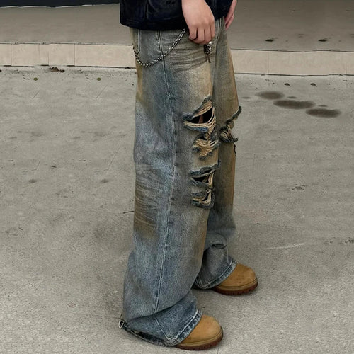 Load image into Gallery viewer, American Style Men&#39;s Jeans Washed Worn-out Mud Dyed Contrasy Color Male Denim Pants Straight Wide Leg Bottom 9C6710
