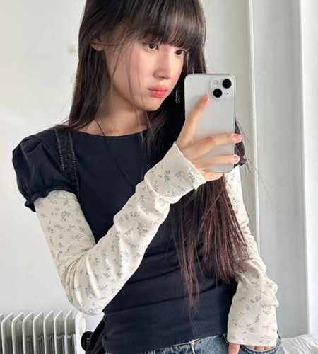 Sweet Floral T Shirts Women Y2k Tops Fashion Fake Two Tees Korean Puff Sleeve Tunic Camisetas Crop Tshirt Casual Cute T-shirts