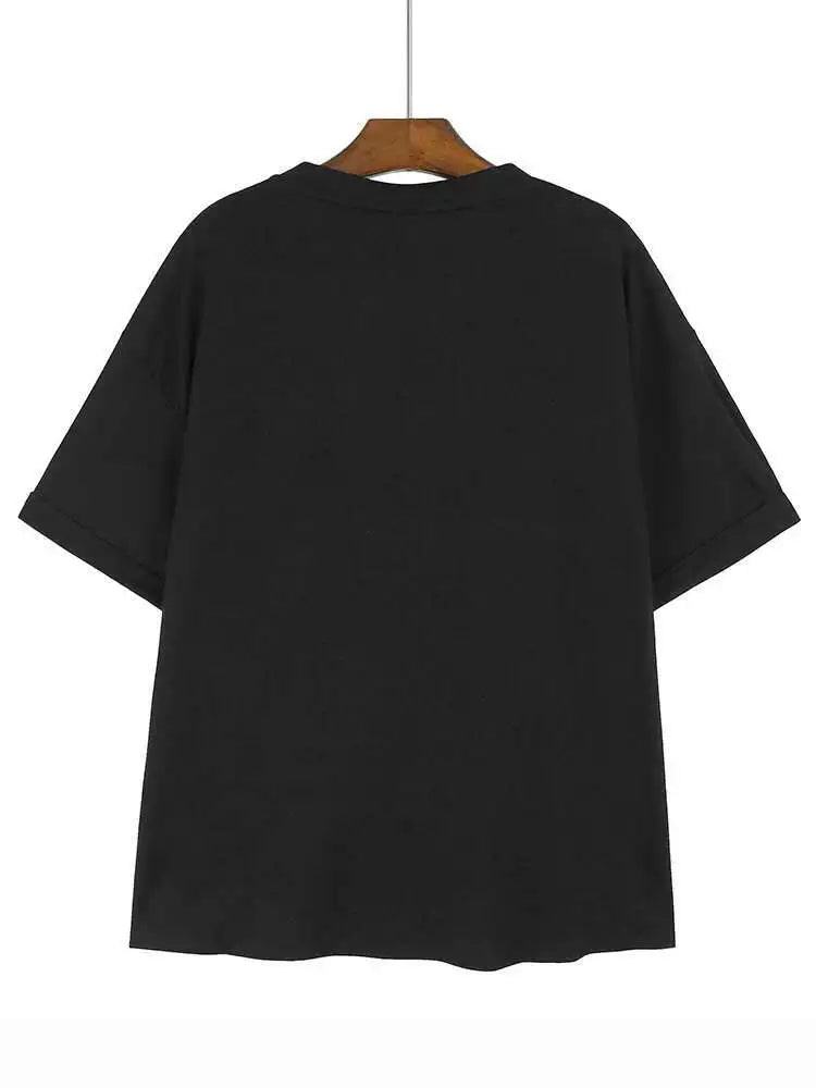 Women Black Irregular Pleated Big Size Casual T-shirt New Round Neck Shhort  Sleeve Fashion Spring Summer 2025 1DH5712