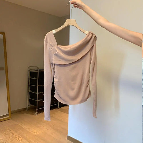 Load image into Gallery viewer, Autumn Winter Solid Temperament Sexy Slim Off Shoulder Long Sleeve Knitting Sweater Women Office Fashion Pleated Tops New Simple
