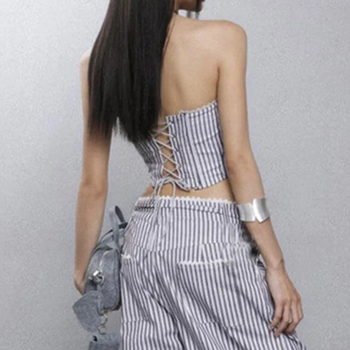 Load image into Gallery viewer, y2k Tops Women Summer Striped Lace Trim Off Shoulder Strapless Open Back Cross Tie-Up T Shirt Vest 2000s Streetwear
