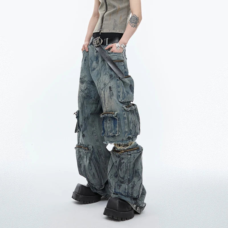 High Street Men's Jeans Worn-out Multi Pocket Design Hand Painting Hole Straight Loose Male Denim Pants Summer 24Y156