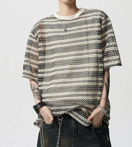 Men's T-shirts Short Sleeve New Korean Style Niche Summer Ice Silk Striped Design Pullover Personality Male Tees 9W1942