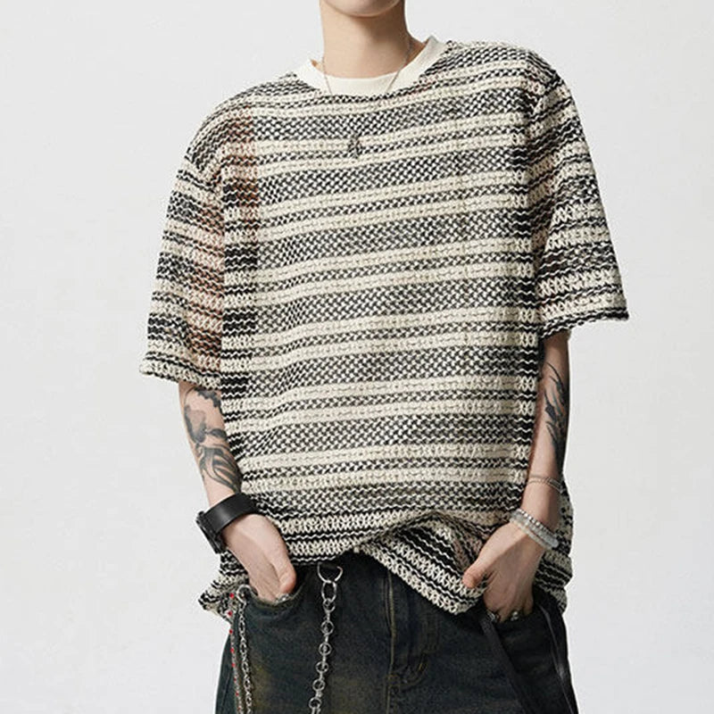 Men's T-shirts Short Sleeve New Korean Style Niche Summer Ice Silk Striped Design Pullover Personality Male Tees 9W1942