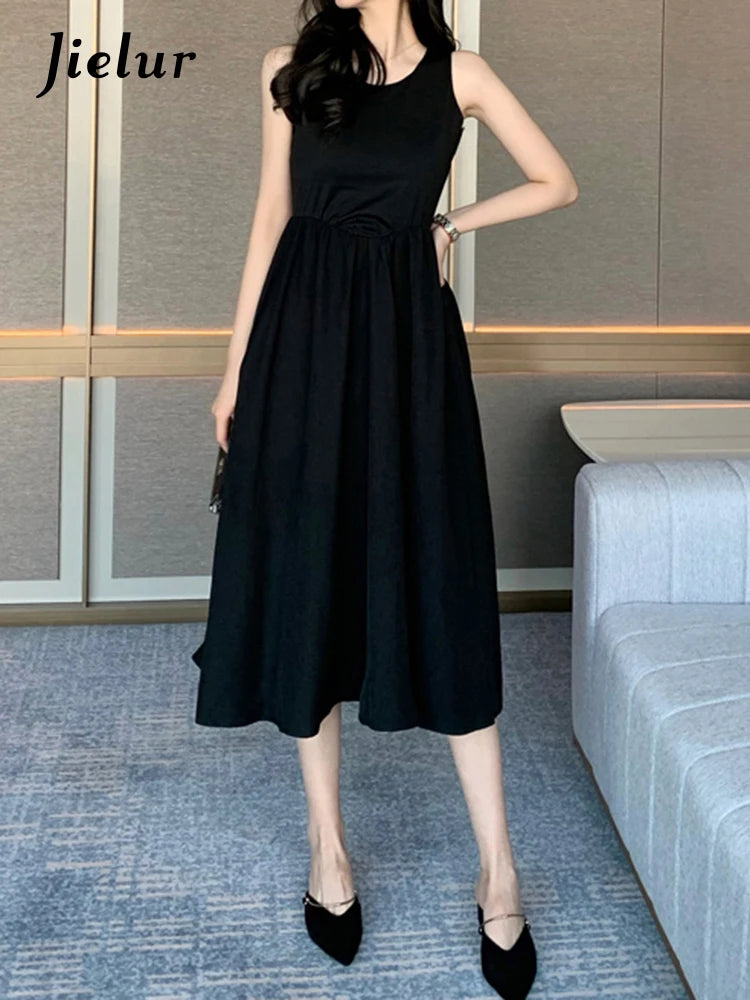 Black O-neck Sleeveless Simple Tank Dress Summer High Waist Slim Solid Color Women's Maxi Dresses Casual Office Ladies