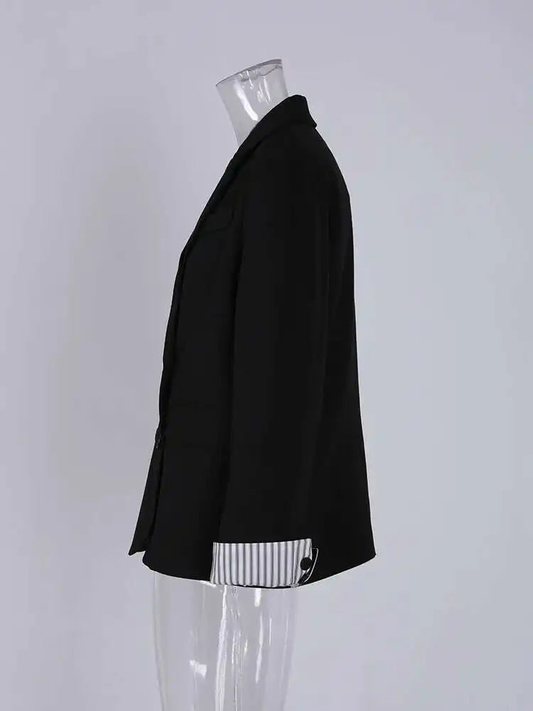 Women Apricot Striped Color-block Elegant Blazer New Lapel Long Sleeve Jacket Fashion Tide Spring Autumn 2025 CPG1175