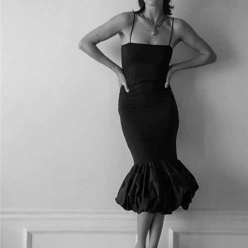 Load image into Gallery viewer, Spaghetti Strap Knit Fishtail Dress For Women Gown Black Sleeveless Backless Bodycon High Waist Sexy Long Dress Elegant
