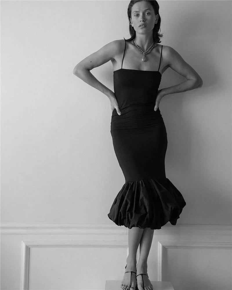 Spaghetti Strap Knit Fishtail Dress For Women Gown Black Sleeveless Backless Bodycon High Waist Sexy Long Dress Elegant