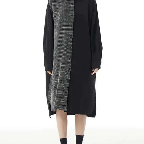 Load image into Gallery viewer, Women Black Color-block Big Size Midi Shirt Dress New Lapel Long Sleeve Loose Fit Fashion Tide Spring Autumn 2025 1DH2095
