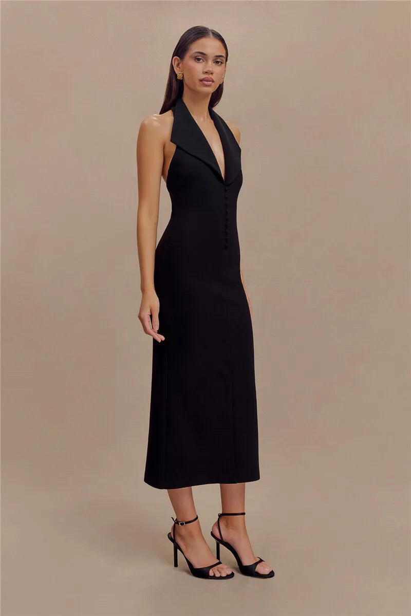 Halter Deep V Neck Sleeveless Sexy Maxi Dress For Women Elegant Backless Bodycon Tank Dress Femme Fashion Long Dress