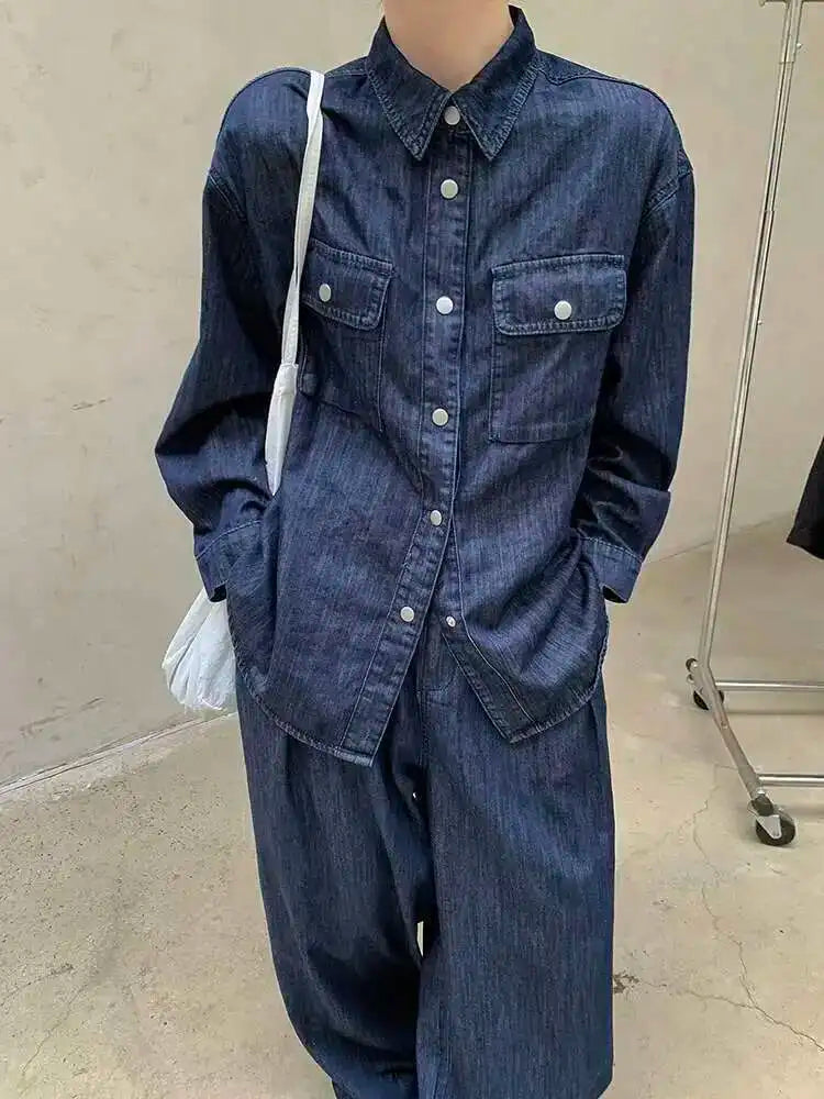 Women Blue Deniim Vintage Big Size Casual Blouse New Lapel Long Sleeve Shirt Fashion Tide Spring Autumn 2025 1DH8350