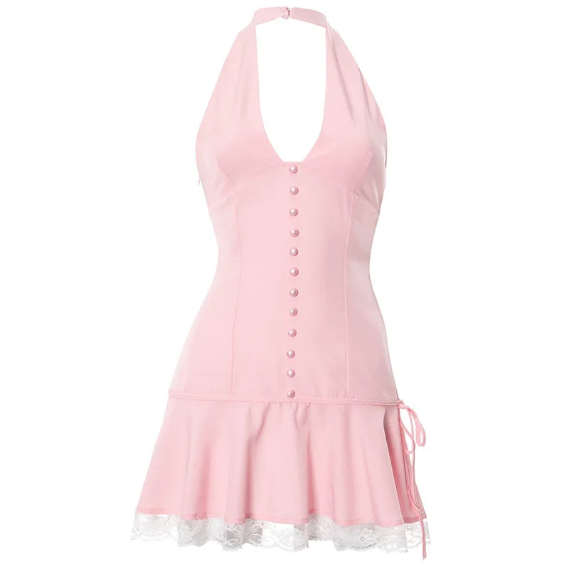 Halter Backless Sexy Mini Dress Women Robe Summer New Lace Patchwork Sleeveless V Neck High Waist Ruffled Dress 2025