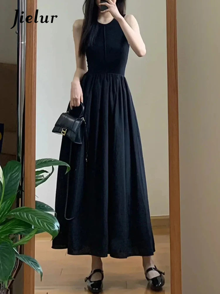 Chiffon Elegant Solid Color Dresses Spring Autumn Black Long Dress Women Fashion All-match Sleeveless Midi Dress Female