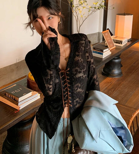 Grunge See Through Sexy Slim Women Shirts Lace Bandage Harajuku Blouse Fairy Flare Sleeve Sweet Y2k Aesthetic Blusas De Mujer