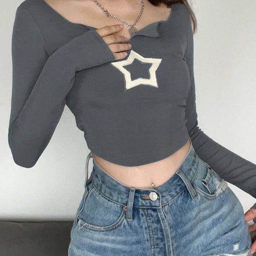 Load image into Gallery viewer, Harajuku Cute Star Embroidery Patched Long Sleeve Tee Shirts Basic Casual Crop Tops Aesthetic Autumn T shirts Female
