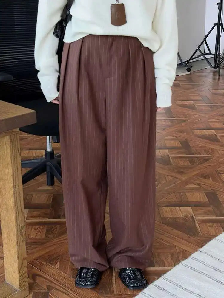 High Waist Navy Blue Striped Pleated Long Wide Leg Pants New Trousers Women Fashion Tide Spring Autumn 2025 1DH8669