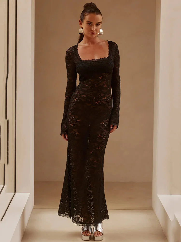 Sexy Lace Long Sleeve Bodycon Dress Women Square Neck Perspective Slim Elegant Maxi Female Vestidos Party Evening Dress