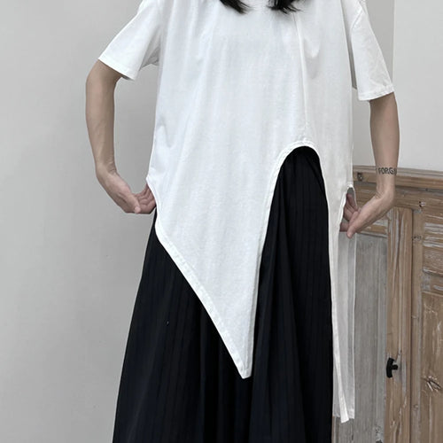 Load image into Gallery viewer, Women White Irregular Hem Big Size Casual T-shirt New Round Neck Short Sleeve Fashion Tide Spring Summer 2025 1DJ1676
