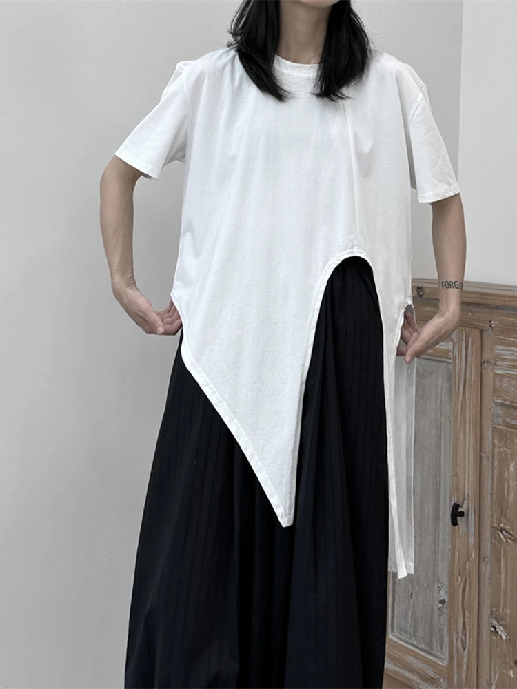 Women White Irregular Hem Big Size Casual T-shirt New Round Neck Short Sleeve Fashion Tide Spring Summer 2025 1DJ1676