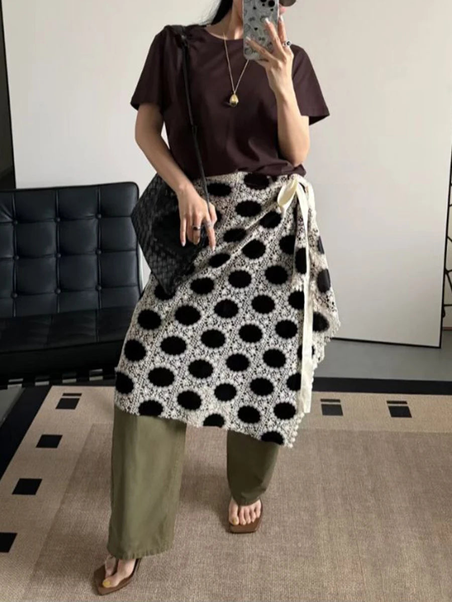 Hit Color Hollow Out Spliced Lace Up Fashion Fart Curtains for Women High Waist Irregular Fart Curtain Female New