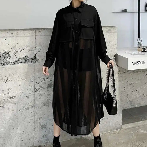 Load image into Gallery viewer, Women Army Green Mesh Color-block Big Size Long Shirt Dress New Lapel Long Sleeve Fashion Tide Spring Autumn 2025 1DH6066
