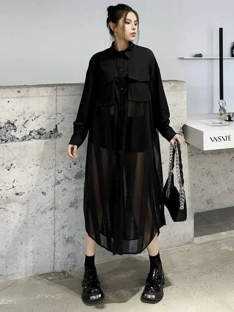 Women Army Green Mesh Color-block Big Size Long Shirt Dress New Lapel Long Sleeve Fashion Tide Spring Autumn 2025 1DH6066