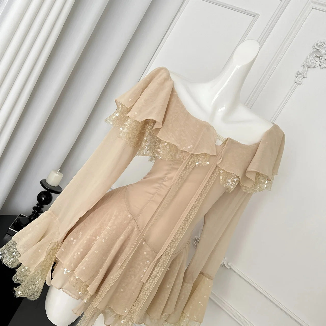French Vintage Women's Khaki Sequins Long Sleeved Elegant Pleated Short Dress Autumn Winter Sweet Ruffles Mini Princess Dresses