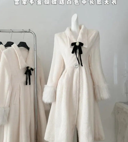 Korean White Elegant Single Breasted Mink Woolen Coat 2024 Autumn Winter New Women's Temperament Slim Bow Long Velvet Overcoat