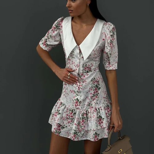 Load image into Gallery viewer, Short Sleeve Floral Mini Dress For Women Robe Turn-down Collar Elegant French Dress Ladies Fashion High Waist Dresses
