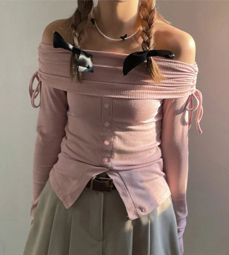 Korean Sweet Skinny Autumn Tee T-shirt Women Drawstring Tierred Off Shoulder Top Short Slim Buttons Coquette Clothes