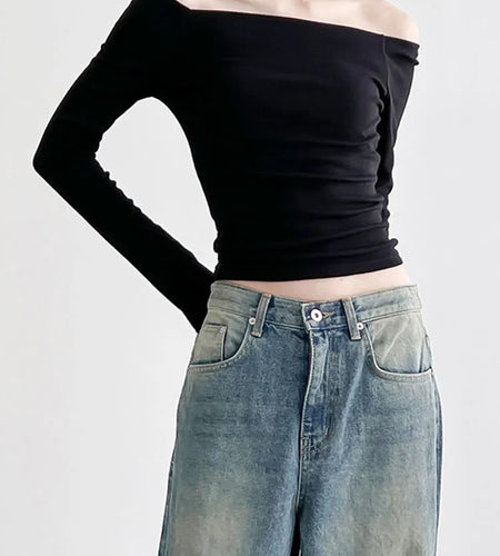 Casual Off Shoulder Top Black Skinny Basic Women's T-shirts Solid Slim Korean Fashion Gothic Tees Slash Neck Outfits