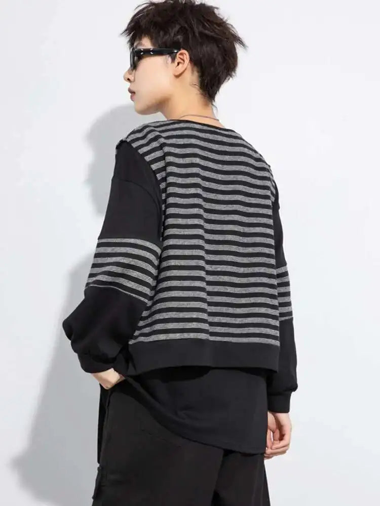 Black Striped Color-block Sweatshirt New Round Neck Long Sleeve Women Big Size Fashion Tide Spring Autumn 2025 1DH7485
