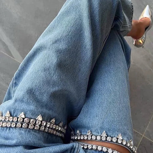 Load image into Gallery viewer, Patchwork Diamonds Hollow Out Casual Jeans For Women High Waist Spliced Pockets Loose Straight Denim Wide Leg Pants Female
