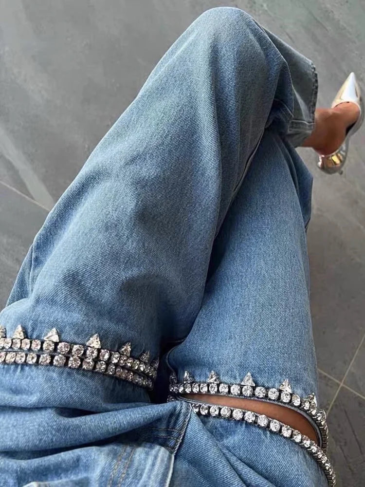 Patchwork Diamonds Hollow Out Casual Jeans For Women High Waist Spliced Pockets Loose Straight Denim Wide Leg Pants Female
