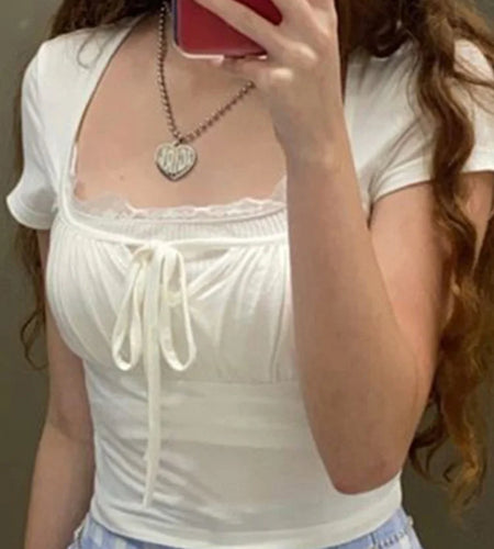 Casual White Knitted Lac Patched Female T-shirts Y2K Korean Style Slim Tie Up Shirring Summer Top Tee Folds Outfits