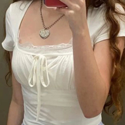 Load image into Gallery viewer, Casual White Knitted Lac Patched Female T-shirts Y2K Korean Style Slim Tie Up Shirring Summer Top Tee Folds Outfits
