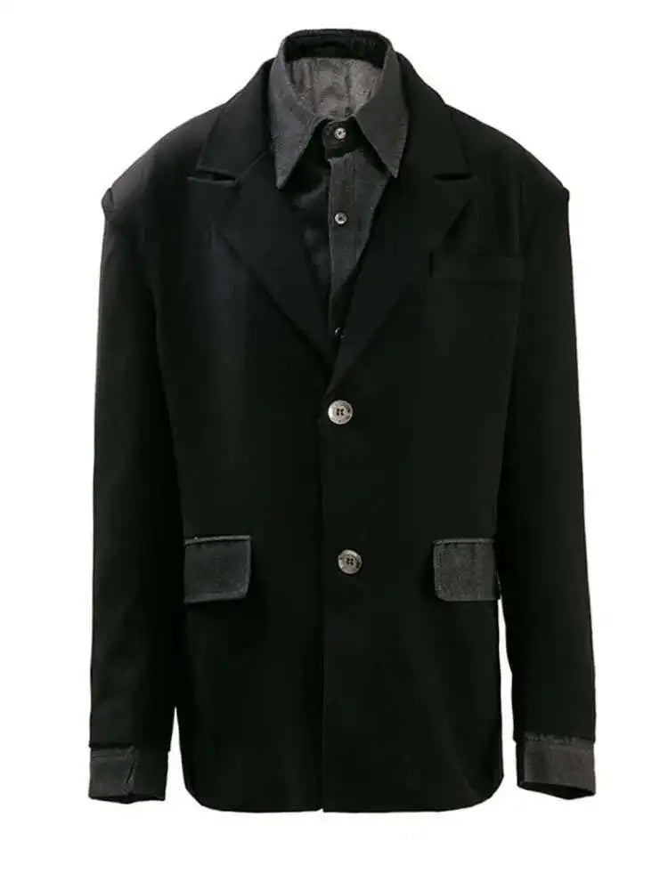 Women Black Denim Spliced Big Size Casual Blazer New Lapel Long Sleeve Jacket Fashion Tide Spring Summer 2025 Black