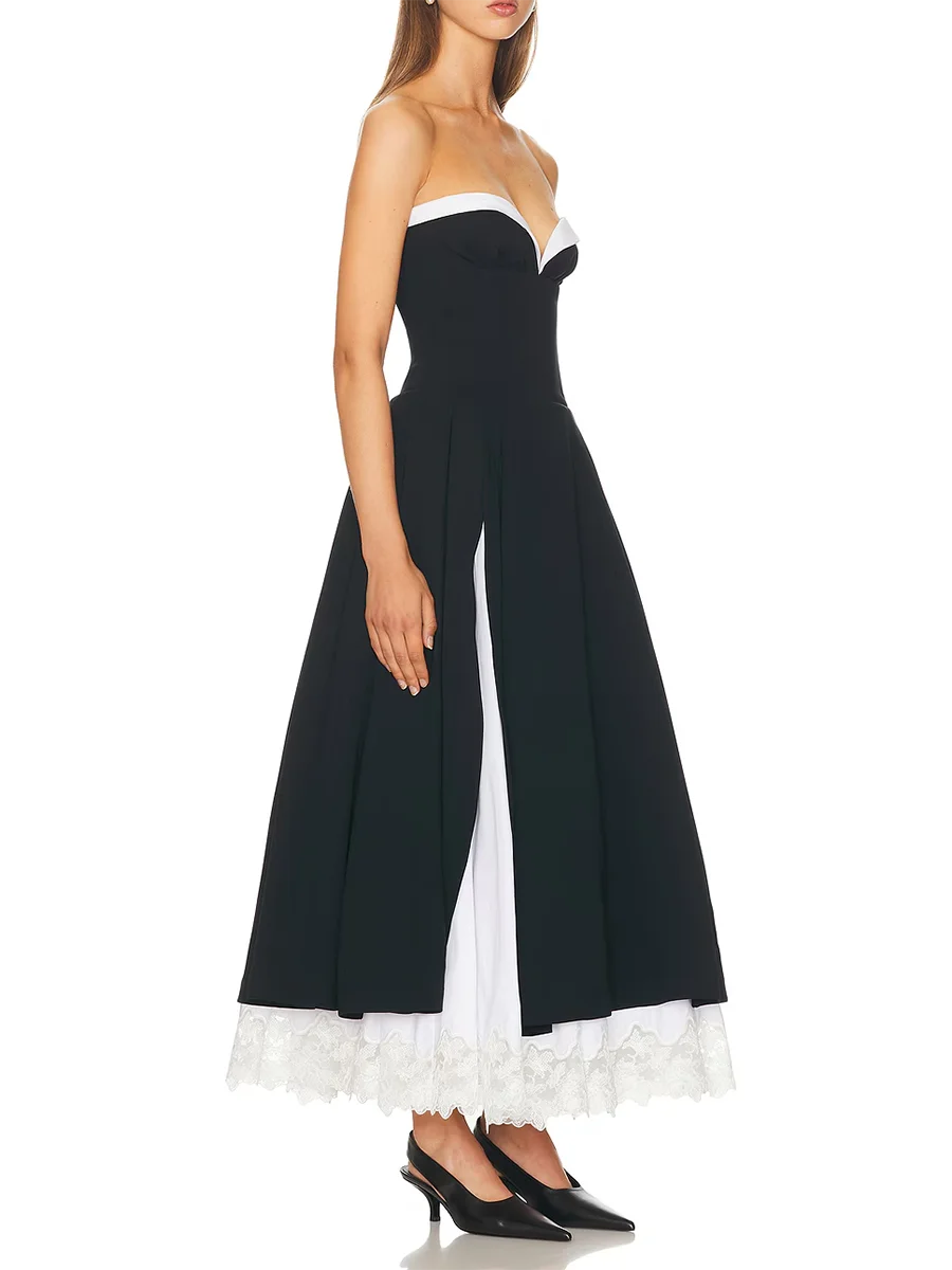 Hit Color Spliced Lace Minimalist Long Dresses for Women Strapless Sleeveless High Waist Elegant Dress Female New