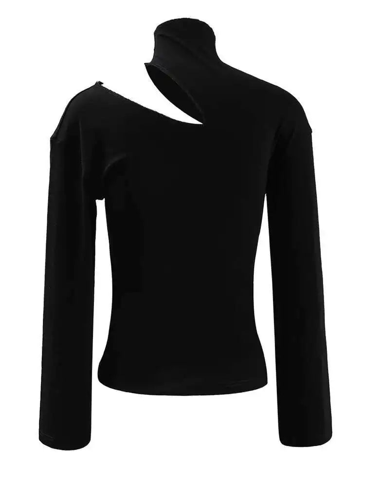 Women Black Hollow Out Slim Elegant Plain T-shirt New Turtleneck Long Sleeve Fashion Tide Spring Autumn 2025 CPDB103