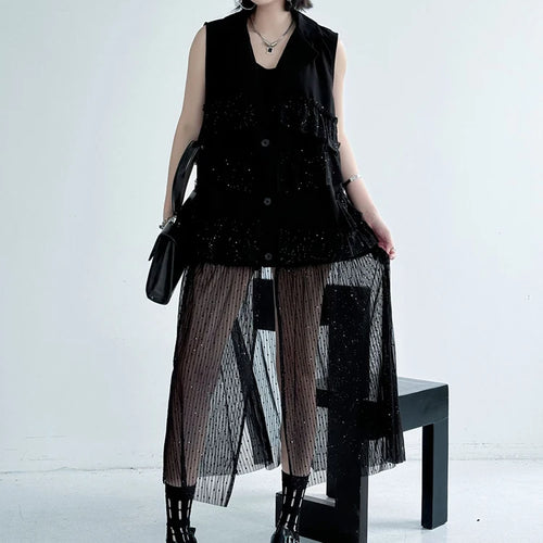 Load image into Gallery viewer, Women Black Singles Breasted Mesh Big Size Midi Vest Dress New Lapel Sleeveless Fashion Tide Spring Autumn 2025 1DJ1041
