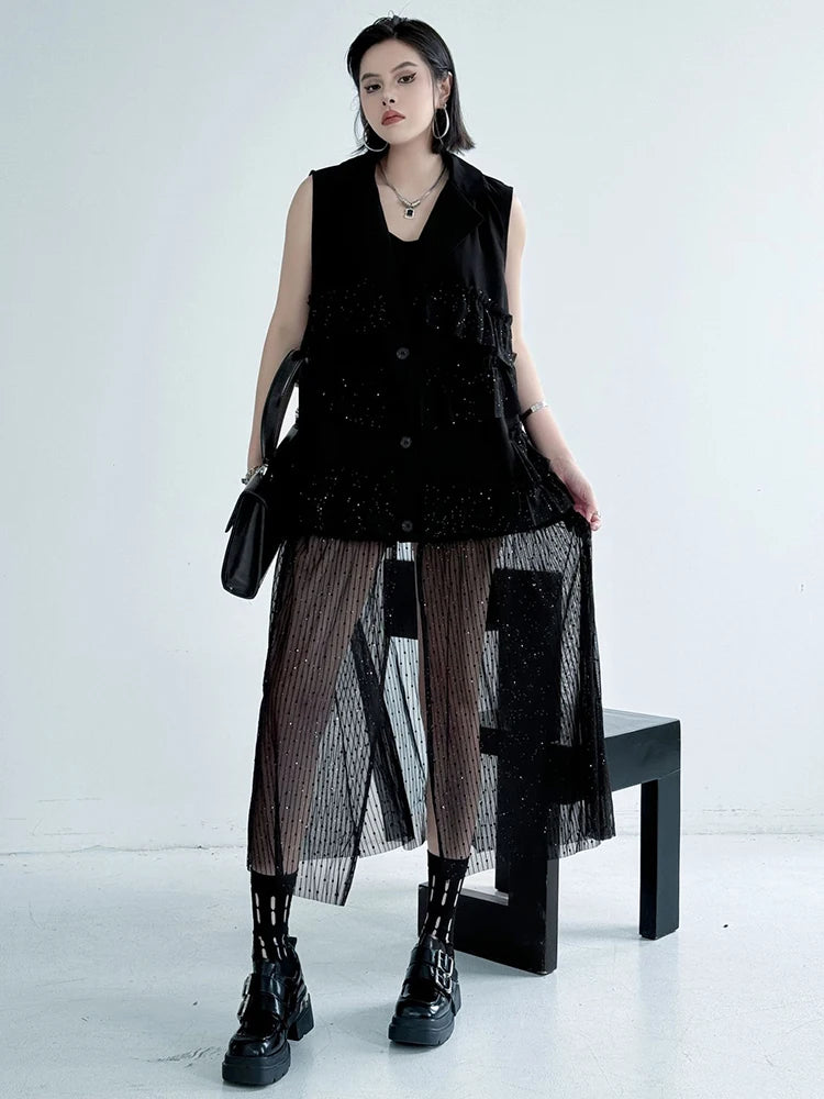 Women Black Singles Breasted Mesh Big Size Midi Vest Dress New Lapel Sleeveless Fashion Tide Spring Autumn 2025 1DJ1041