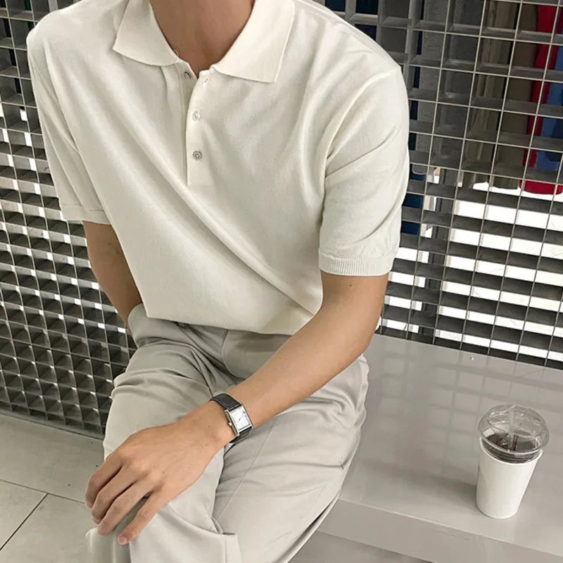 Fashion Loose Men's T-shirts Knitting Business Casual Lapel Short Sleeve Male clothing Summer Stylish 9C6352