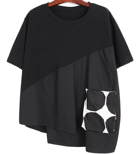 Women Black Dot Printed Irregular Big Size T-shirt New Round Neck Short Sleeve Fashion Tide Spring Summer 2025 1DH9641
