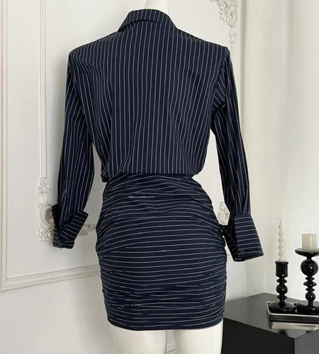 Women's Autumn Blue Striped Long Sleeved Shirt Short Dress Korean Fashion High Waist Office Lady Pleated Mini Dress Trend Casual