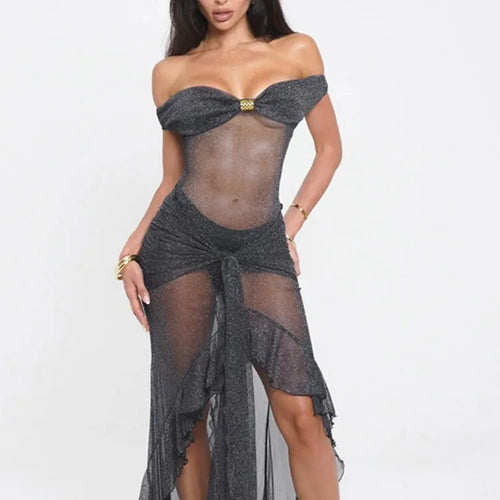 Load image into Gallery viewer, Mesh See Through Ruffled Sexy Maxi Dress For Women Gown Gray Off-shoulder Strapless Backless Ruched Long Dress Vestido
